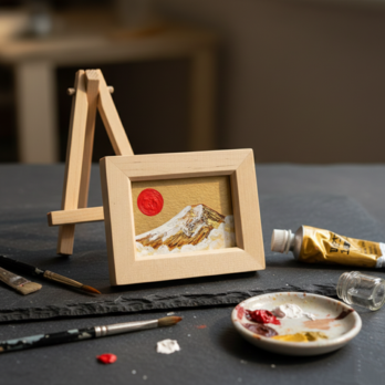 【原画】手のひらサイズ「黄金富士」油絵・手描きミニ絵画（額縁付き）