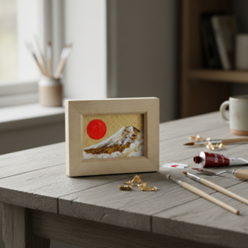 【原画】手のひらサイズ「黄金富士」油絵・手描きミニ絵画（額縁付き）