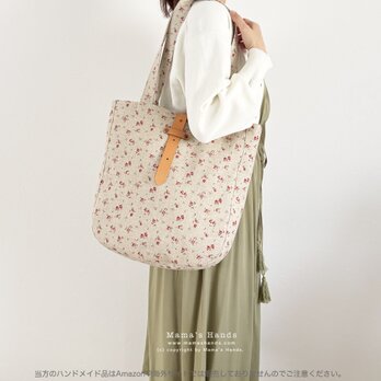 《リネンに咲く薔薇》ナチュラル 花柄 赤 小花 北欧  革 (中) 軽い A4 トートバック