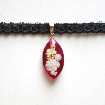 【受注製作】レジンアート　マーキスモチーフとタティングレースとベルベットリボンのチョーカー〈世界樹の花〉