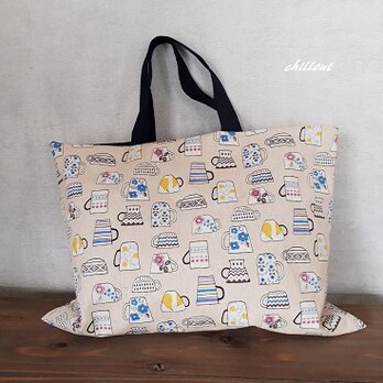 【北欧ソフトリネン】レッスンバッグ：ティーカップ：ミルクティー【0398】