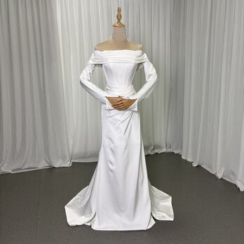 ウエディングドレス オフショルダー 取り外し袖 長袖 マーメイドライン ロイヤルサテン 大人っぽい 拳式/前撮り