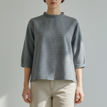 フリルカラー　ブラウス【送料込み】着物リメイク　ブルー