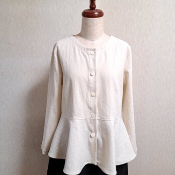 コットンリネン　ペプラムジャケット　アイボリー　白　綿麻　Lサイズ