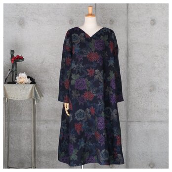 紬のワンピース　ドロップショルダー　ゆったり目　L〜   フリーサイズ 　着物リメイク