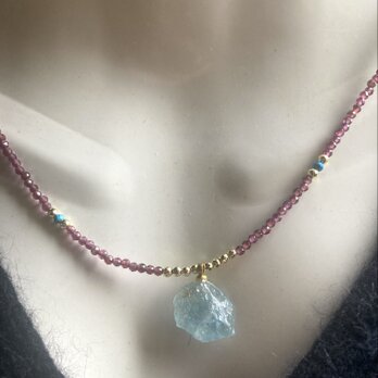 Marine Serenity & Garnet Glow  アクアマリン原石とガーネットの海の女神の首飾り *14kgf*