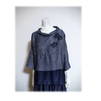 121　1点物　総絞り羽織リメイク　プルオーバーブラウス　３シーズン　ツイスト衿　黒　リラックス