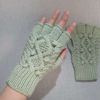 ウィメンズM～Lメリノウール100% 指なし手袋淡緑スマホ対応