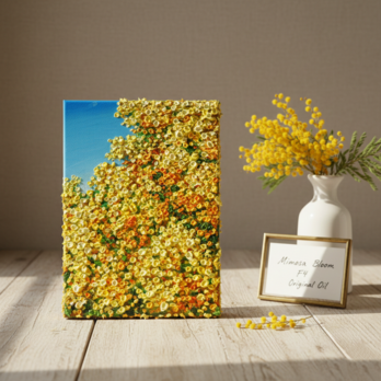 【原画】油絵「青い空とミモザ」北欧インテリアに馴染む花の絵画 ｜新築祝い・母の日ギフト・春の花