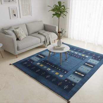 ペルシャ ギャッベ　リビング　ラグ　189x149㎝　青色　藍色　パネル　生命の木　ヤギ　羊　RJ7540