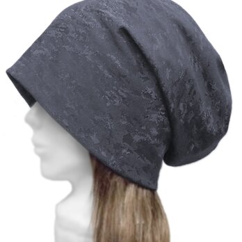 ロングルーズワッチキャップ◆迷彩(カモフラ)柄ジャガードストレッチニット／グレー系　◇ゆったりサイズ・長いシーズン着用◇