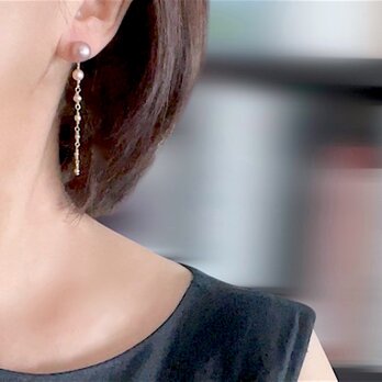 淡水パール モーブカラー グラデーション 7粒パールのロングピアス 14kgf　式　発表会