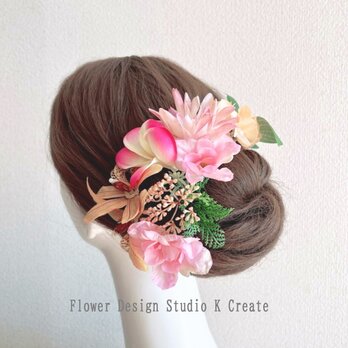 プルメリアとオーキッドの髪飾り　リゾ婚　ピンク　オレンジ　髪飾り　オレンジ　ウェディング　結婚式　浴衣　ヘッドドレス　花嫁ヘア