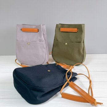 倉敷帆布　栃木レザー　2way　しずく型　巾着　ショルダーバッグ　　　軽量　自立　ブラック　カーキ　くすみパープル