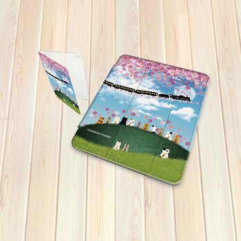 手帳型 iPadケース 【バックカバー：ハードタイプ】片面印刷/カメラ穴有【ほのぼのにゃんこ（さくら銀河鉄道）】
