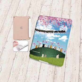 手帳型iPadケース【バックカバー：ソフトタイプ】片面印刷/カメラ穴有【ほのぼのにゃんこ（さくら銀河鉄道）】（名入れ可））