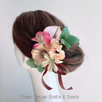 アンスリウムとプルメリアの髪飾り　ピンク　プルメリア　造花　南国　リゾ婚　ウェディング　海外挙式　アンスリウム　アネモネ
