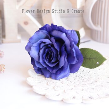 青い薔薇と朝露の葉っぱの髪飾り（シングルワイヤー仕様）　バラ　ローズ　フラメンコ