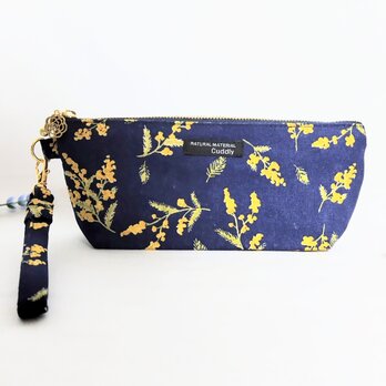 ミモザの花　持ち手付きペンケース（ネイビー)のコピー