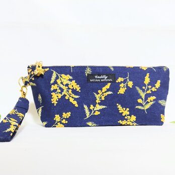 ミモザの花　持ち手付きペンケース（ネイビー)