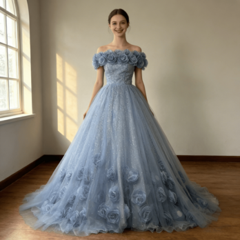 美品！カラードレス ブルー 取り外しオフショルダー バラトレーン キラキラチュール 豪華なバックリボン 花嫁