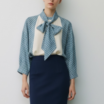 2way ハイネックブラウス【送料込み】着物リメイク　ボウタイ付き　ブルー