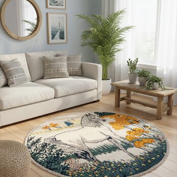 ペルシャ　ギャッベ　アマレバフト　円形　ラグ　100Φ100cm　馬　風景　RJ16796