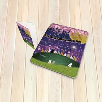 手帳型 iPadケース 【バックカバー：ハードタイプ】片面印刷/カメラ穴有【ほのぼのにゃんこ（さくら銀河鉄道ミッドナイト）】