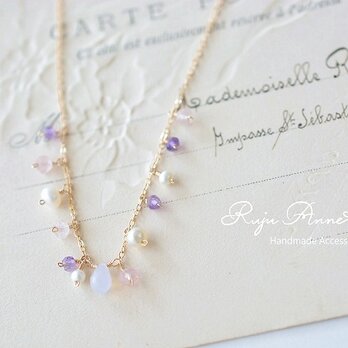SALE)14kgfスコロライト(ラベンダークォーツ・ドロップカット)×ピンクアメジスト×ローズクォーツのネックレスのコピー