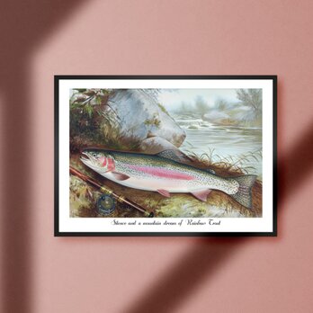 【渓流と虹鱒】レインボートラウト ビンテージ ルアーフィッシング 釣り アウトドア ガレージ 雑貨 A4アートポスター