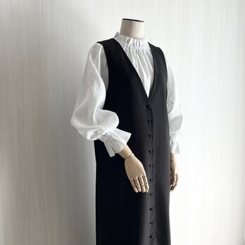 フリルカラーキャンディスリーブ長袖プルオーバー_リネン100%_Stripe