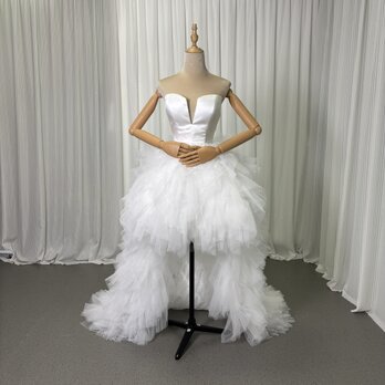 フランス風 ウェディングドレス ベアトップ フィッシュテール 取り外し ソフトチュール ファスナー 拳式/前撮り