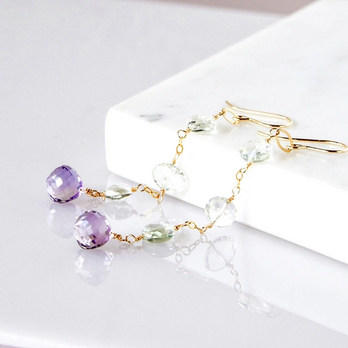 玻璃（はり）の雫 ― Prasiolite & Pink Amethyst　ステーション　ピアス　14kgf