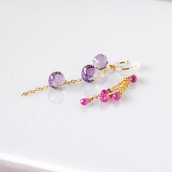 K10YGフープイヤリング+ ピンクサファイア＆ピンクアメジスト2チャームセット
