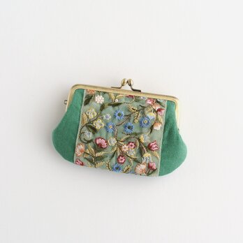 インド刺繍リボンのがま口ミニ財布/ポーチ　グリーン