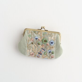 インド刺繍リボンのがま口ミニ財布/ポーチ　ミントグリーン