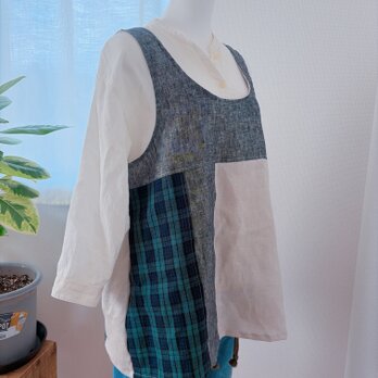 リネンパッチワーク重ね着ベスト