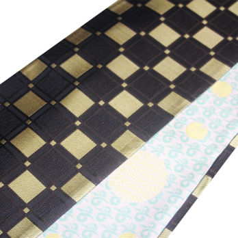 正絹リバーシブル半幅帯｜黄金の「変わり市松」×「水玉（雁金地紋）」