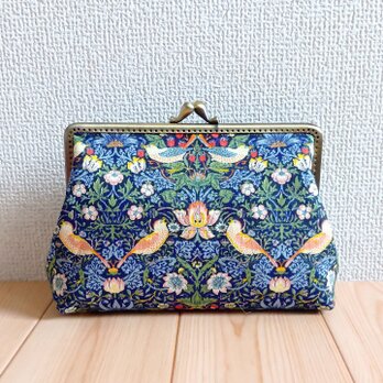 V&Aウィリアムモリス　がま口大きめポーチ　お薬手帳・通帳ケース　16.5cm口金　いちご泥棒　ネイビー　639