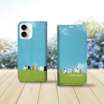 帯なし iPhone 手帳型スマホケース （カメラ穴あり/はめ込みタイプ）【ほのぼのにゃんこせいぞろい（草原）】