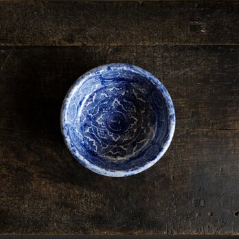 大きな花文様◆青で素敵。時代物　花文印判鉢　碗　骨董/antiques　古道具　明治期