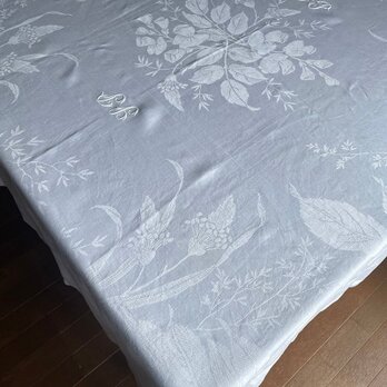 テーブルクロス 大判フレンチリネン 白ダマスク織 モノグラム刺繍