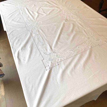 テーブルクロス 大判フレンチリネン 白糸刺繍