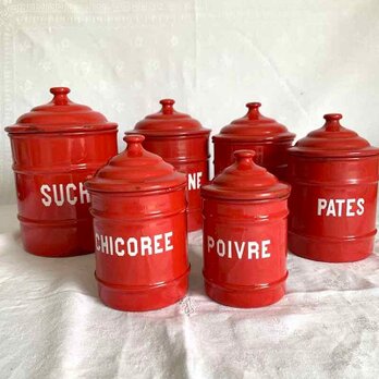ホーロー　キャニスター 赤６個セット　砂糖　小麦　胡椒　12KWbt22