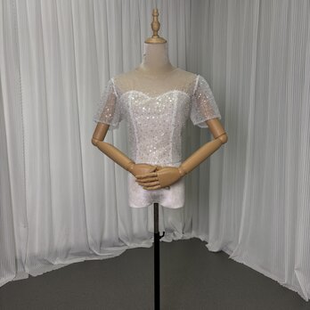トップス 短袖 シークインチュール パール ハンドメイド 編み上げ 結婚式/ウェディングドレス