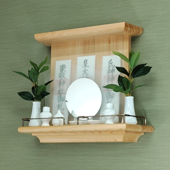 【 未来を拓く神棚　 神の鏡 】三河桧無垢材 三社宮神棚 モダン神棚 壁掛け型　神鏡は1枚ずつ職人の手作り
