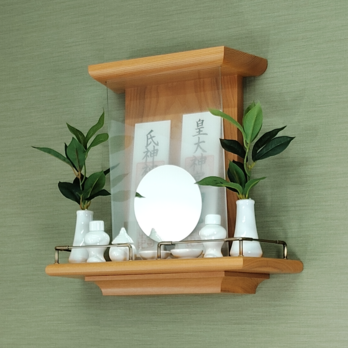 【 未来を拓く神棚　 神の鏡 】タモ材無垢 二社宮神棚 モダン神棚 壁掛け型　神鏡は1枚ずつ職人の手作り