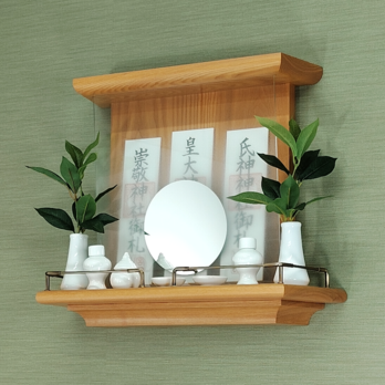 【 未来を拓く神棚　 神の鏡 】タモ材無垢 三社宮神棚 モダン神棚 壁掛け型　神鏡は1枚ずつ職人の手作り