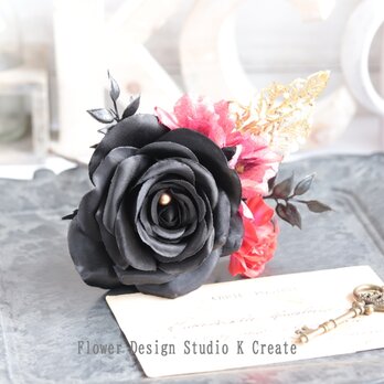 黒い薔薇と赤いカーネーションと紫陽花の髪飾り（シングルワイヤー仕様）　ヘッドドレス　フラメンコ　フローレス　ブラック　黒い薔薇　