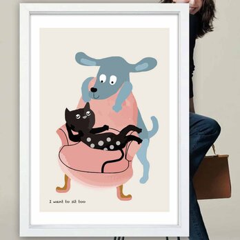 ボクも座らせて〜　犬　ネコ　送料無料 　どうせなら楽しいポスター　ポスター　アートポスター　アート/sei検索新着順　2623